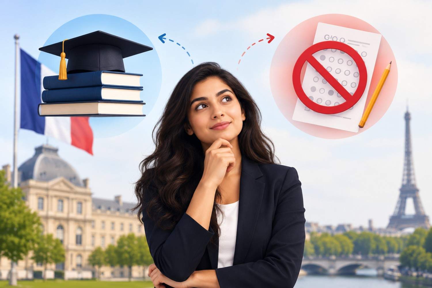 Alt text: Student considering an MBA in France without GMAT, with French landmarks, graduation books and a crossed-out test paper in the background.